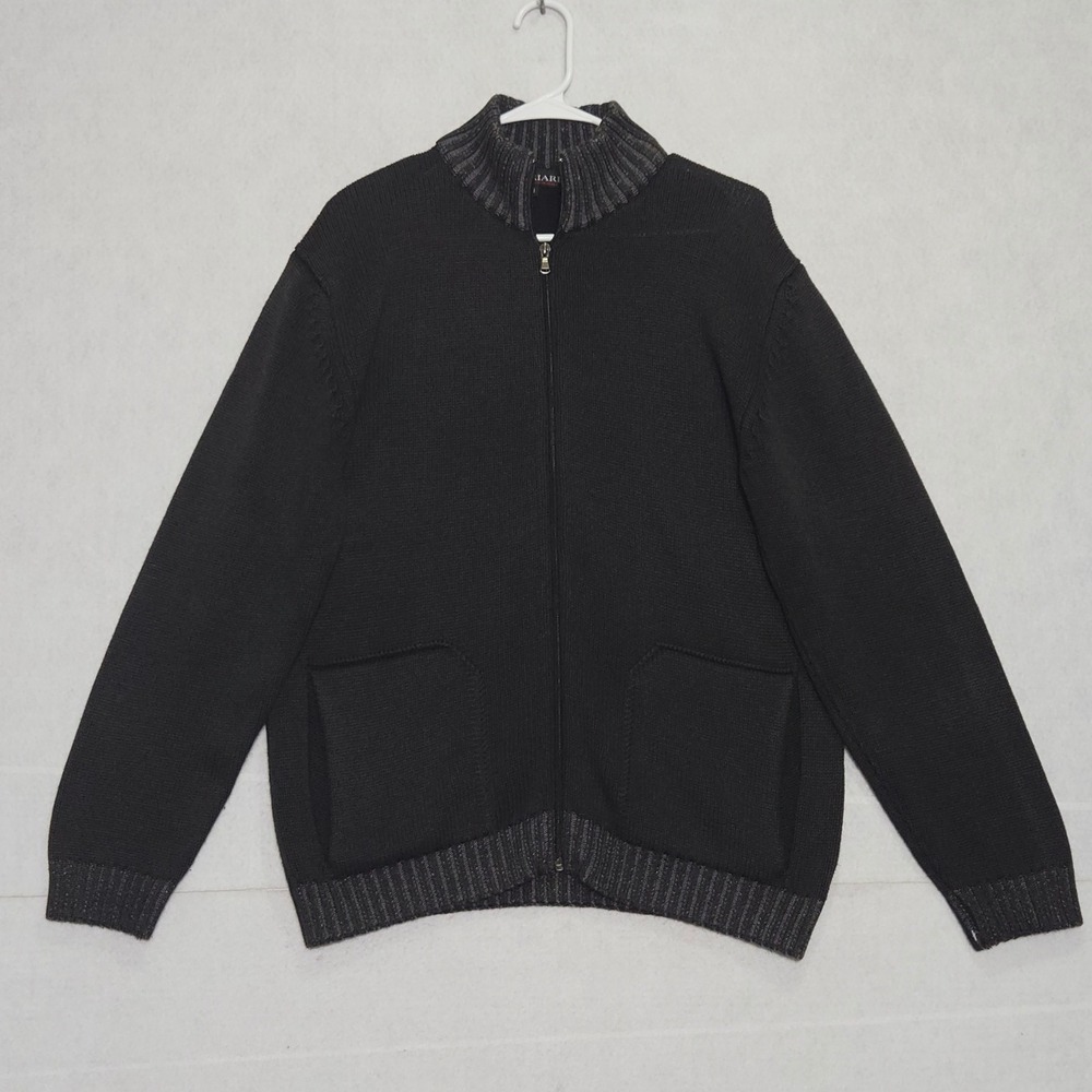Briard Italy Mens Medium Full Zip Knit Cardigan Sweater Mock Neck Charcoal Black